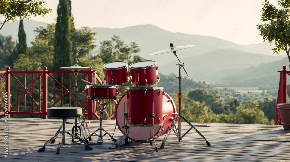 Naklejka premium Red drum set standing on wooden deck overlooking mountains