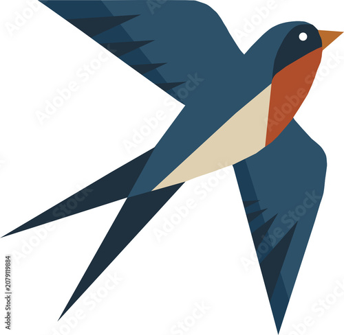 Geometric flying swallow bird. Traditional Scandinavian folk art animal motif isolated on white background.