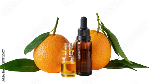 Canvas Print Isolated fresh oranges with green leaves and two natural citrus essential oil dr