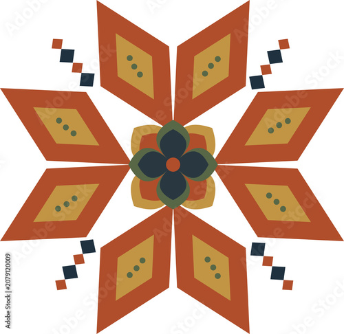 Geometric Scandinavian star flower motif. Traditional Nordic folk art floral mandala ornament isolated on white.