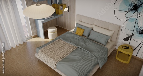 High angle view of a modern bedroom interior design, contemporary double bed with teal and mustard bedding on herringbone parquet flooring, 3D architectural render.