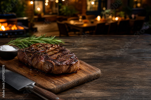Juicy Grilled Steak with Rosemary and Sea Salt on Rustic Wooden Board for Artisanal BBQ
