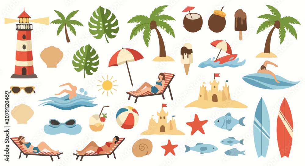 Fototapeta premium A vibrant collection of summer and beach vacation elements, including people, activities, and objects.