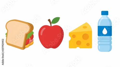Balanced lunch items: a fresh sandwich, red apple, yellow cheese slice, and clear water bottle, illustrating simple, healthy daily nutrition and wholesome meal choices.