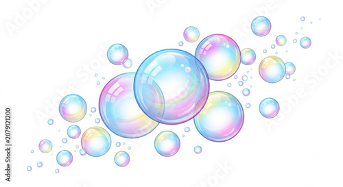 Colorful shiny soap bubbles floating on white background vector illustration