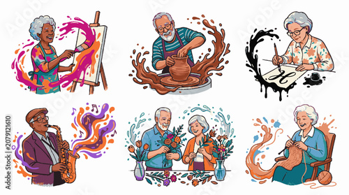 Set of vector illustrations depicting senior citizens engaged in various creative hobbies and artistic activities including painting pottery calligraphy music and knitting