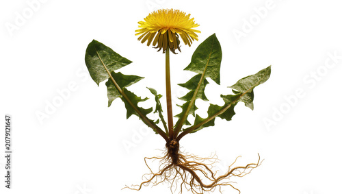 Obraz na plátně Isolated Dandelion plant with vibrant yellow flower, fresh green leaves, and intricate root system