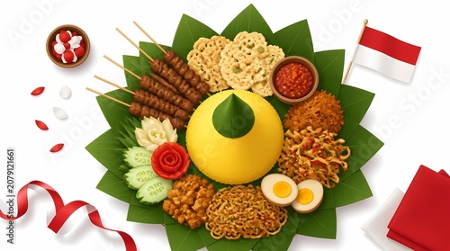 Nasi Tumpeng, yellow conical rice on banana leaves with satay, eggs, noodles, crackers, red white decor for cultural celebration.
