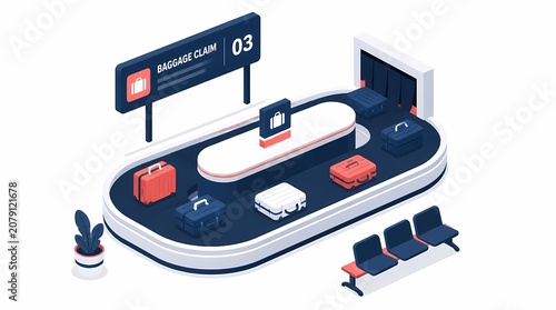 Airport baggage claim carousel with colorful suitcases moving on the conveyor, an isometric illustration for travel, passenger services, and logistics.