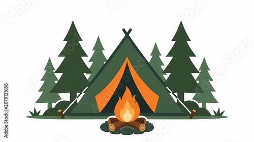 Camping adventure illustration featuring a green tent and a bright campfire surrounded by tall pine trees in a natural forest setting, ideal for outdoor recreation.