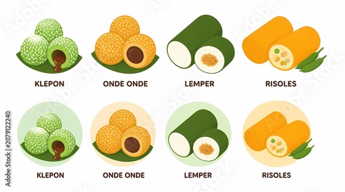 Indonesian Traditional Snacks vector illustration featuring Klepon, Onde Onde, Lemper, Risoles. Popular Jajan Pasar sweet and savory dishes Southeast Asia.