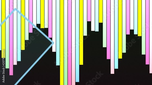 Abstract city skyline rising against colorful vertical stripes background