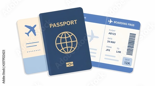 Passport and airline boarding pass illustration, essential documents for international travel, global tourism, vacation planning, and airport departure process.