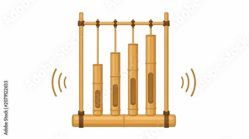 Angklung traditional Indonesian musical instrument crafted from bamboo, depicted with sound waves, representing cultural folk music, artistic performance, and melodic heritage.