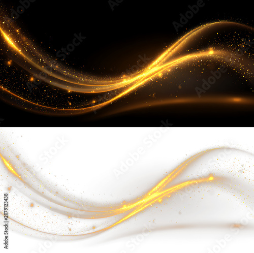 Abstract golden shimmer lines with sparkling bokeh light effect PNG