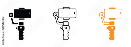 Camera gimbal icon set. Video stabilizer vector symbol. Professional filmmaking equipment sign. Smartphone gimbal stabilizer icon for mobile video production and professional phone filming. 