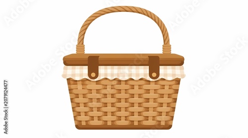 Wicker picnic basket illustration with a brown woven design, handle, lid, and checkered fabric lining, perfect for summer outdoor leisure.