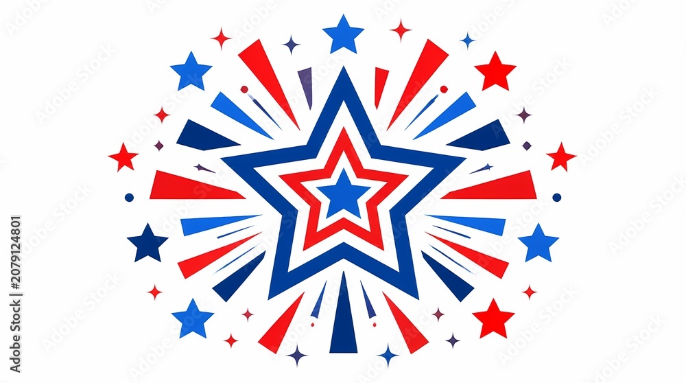 Fototapeta premium Patriotic star burst vector graphic with dynamic red, white, and blue rays radiating, symbolizing celebration, national holidays, and American pride.