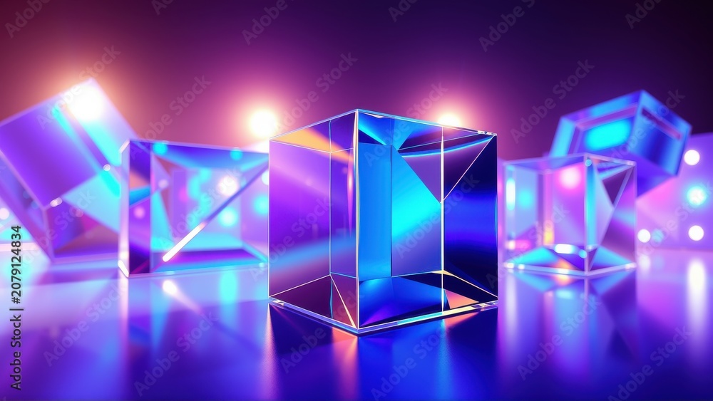 Fototapeta premium Abstract cubes glow, reflecting vibrant purple, blue light. Dark background emphasizes geometric shapes, creating futuristic scene.