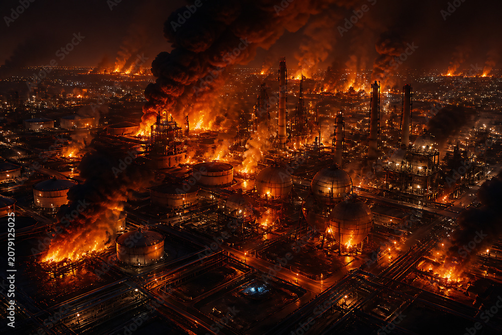Fototapeta premium A sprawling industrial complex at night with intense fires and smoke billowing from numerous structures.