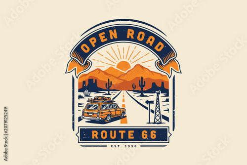 Retro rubber stamp featuring route 66 sign and vintage car, orange and blue colors