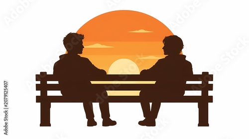 Two people silhouettes sitting on a park bench, watching a serene sunset, symbolizing friendship, connection, and peaceful outdoor contemplation graphic.