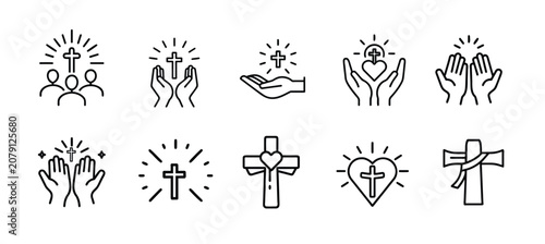 Obraz na płótnie Christian religion faith church line icons set bible cross crucifix globe pastor