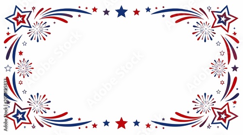 Patriotic frame with red, white, and blue stars and fireworks creating a festive border for holiday celebrations, perfect for invitations and promotions.