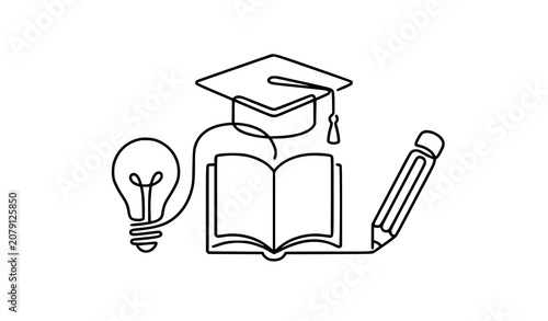 Minimal One Line Education Icons with Book School Bag Ruler and Graduation Cap Vector
