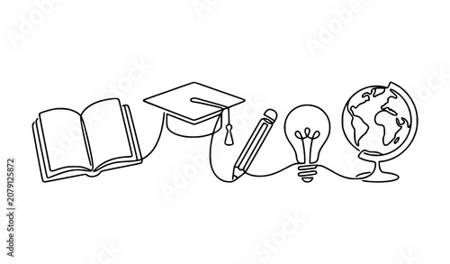 Modern Continuous Line Drawing of Education Supplies and Graduation Cap Vector Illustration