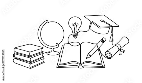 Single Continuous Line Drawing of School Book Backpack Ruler and Graduation Cap Vector