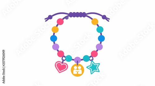 Colorful friendship bracelet illustration with vibrant round beads and symbolic charms: heart, star, abstract people, representing connection.