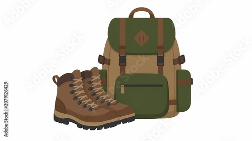 Hiking backpack and sturdy brown boots, essential outdoor equipment for adventure, travel, trekking, and camping. Flat design illustration, isolated.
