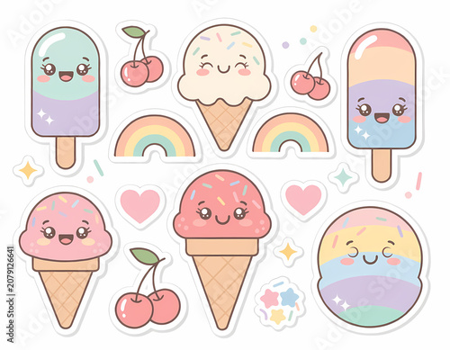 Cute kawaii sticker collection featuring smiling ice cream cones, popsicles, cherries, rainbows, hearts, and pastel decorative elements. Perfect for planners, scrapbooks, children's products