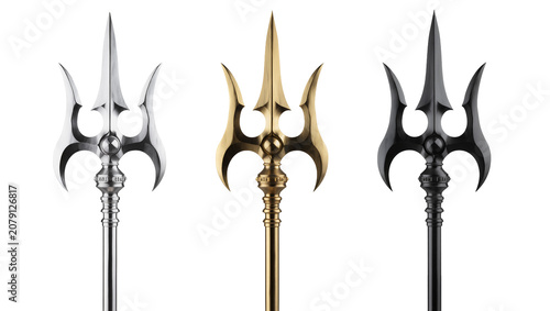 Bilde på lerret Isolated elegant three-pronged tridents in polished silver, gleaming gold, and m