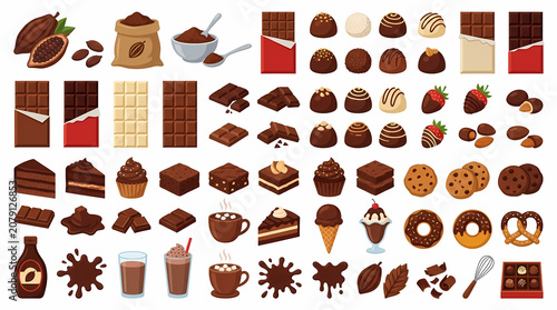 Large chocolate dessert collection including chocolate bars, cakes, cupcakes, cookies, donuts, hot chocolate, cocoa beans, candies, and confectionery treats. Suitable for menus, bakeries, cafés