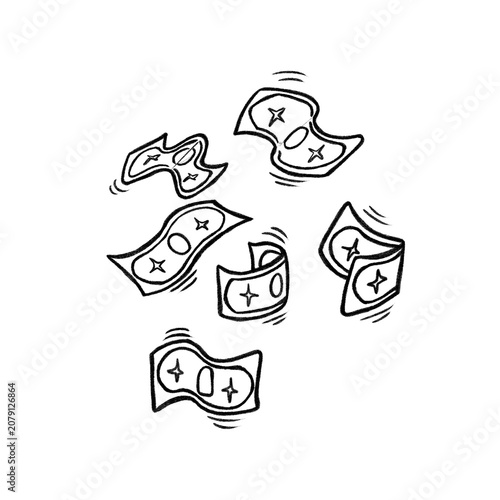 Black and white hand-drawn doodle illustration set of floating and flying money bills representing cash flow, income, spending, finance, and economic activity. Minimal vector on white background.