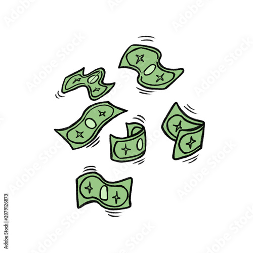 hand-drawn doodle illustration set of floating and flying money bills representing cash flow, income, spending, finance, and economic activity. Cute cartoon-style vector on white background.