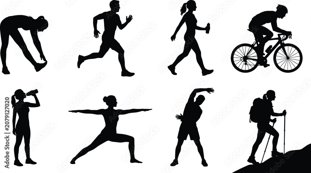 Fototapeta premium Fitness and Outdoor Activity Silhouette Icons Set with Yoga, Running, Cycling, and Hiking