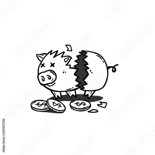 Black and white hand-drawn doodle illustration of a broken piggy bank with scattered coins representing financial loss, depleted savings, debt, and economic hardship. Minimal outline vector isolated.