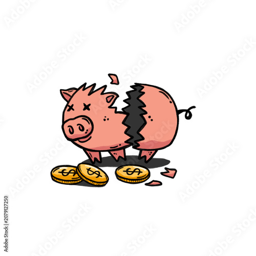 Hand-drawn doodle illustration of a broken piggy bank with scattered coins representing financial loss, depleted savings, debt, and economic hardship. Cute cartoon-style vector isolated.