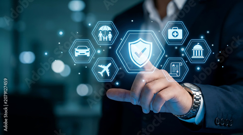 Businessman choosing diverse insurance coverage options on a futuristic digital touch screen interface for comprehensive financial protection