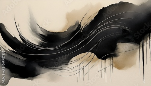 minimalist monochromatic ink texture with black brushstrokes on warm white handmade paper generative ai