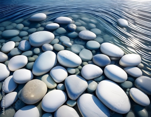 creative wallpaper abstract image of white rounded smooth pebble stone under transparent water with waves backdrop sea bottom pattern surface top view