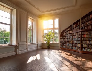 sunlit cozy elegant home library with window and books empty room zoom virtual backgrounds cozy interior backdrops living room backgrounds for virtual meetings