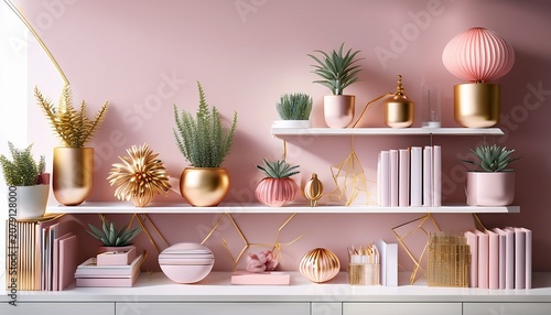 white bookshelf pink gold decor elegant home office interior zoom virtual meetings backgrounds backdrop modern chic shelving pastel aesthetic design geometric vases succulents workspace