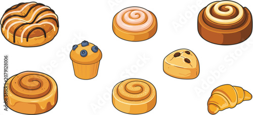 Tableau sur toile Delicious sweet pastry and bakery illustration collection including frosted cinn