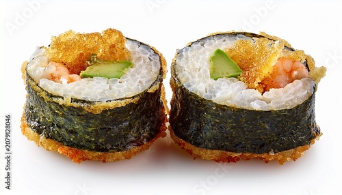 close up of crispy sushi roll with shrimp tempura seaweed and rice n isolated on a white background