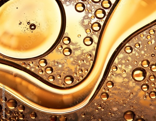 macro close up of sparkling golden liquid bubbles oil droplets effervescent transparent spheres with micro bubbles abstract science cosmetic concepts product ingredients skincare promotion