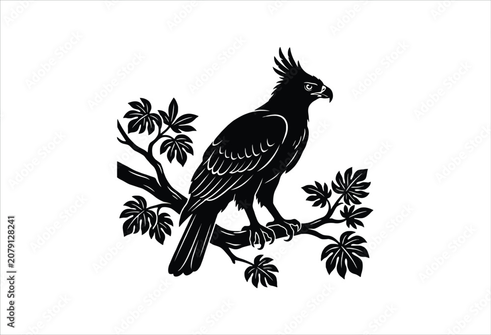 Fototapeta premium Harpy eagle silhouette on a branch black and white graphic